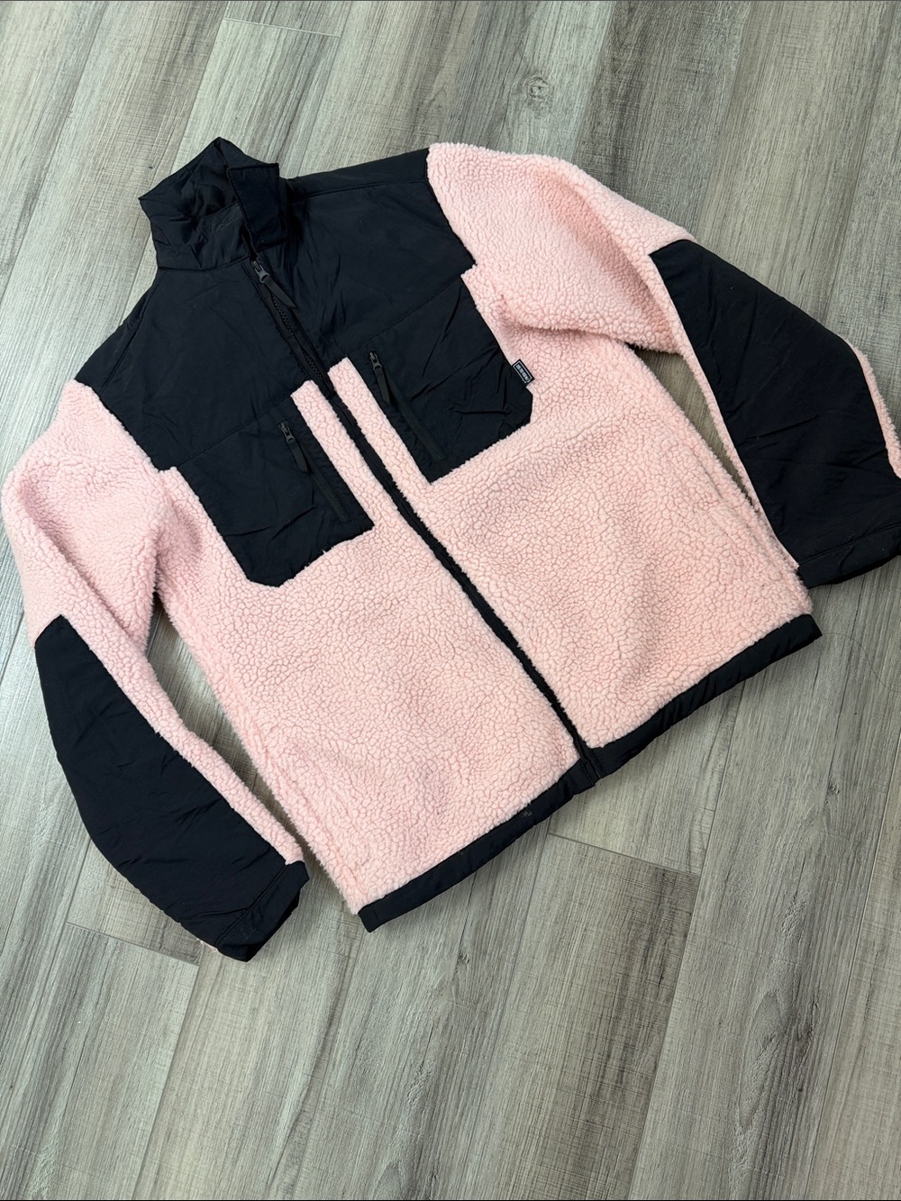 H&M Pink Sherpa Teddy Jacket with Black Panel Accents